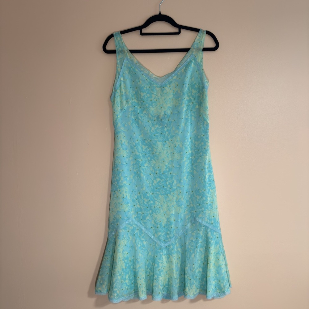 VTG Y2K 90s Silk Dress cottagecore mermaid green blue floral ruffle Size 6 strap
